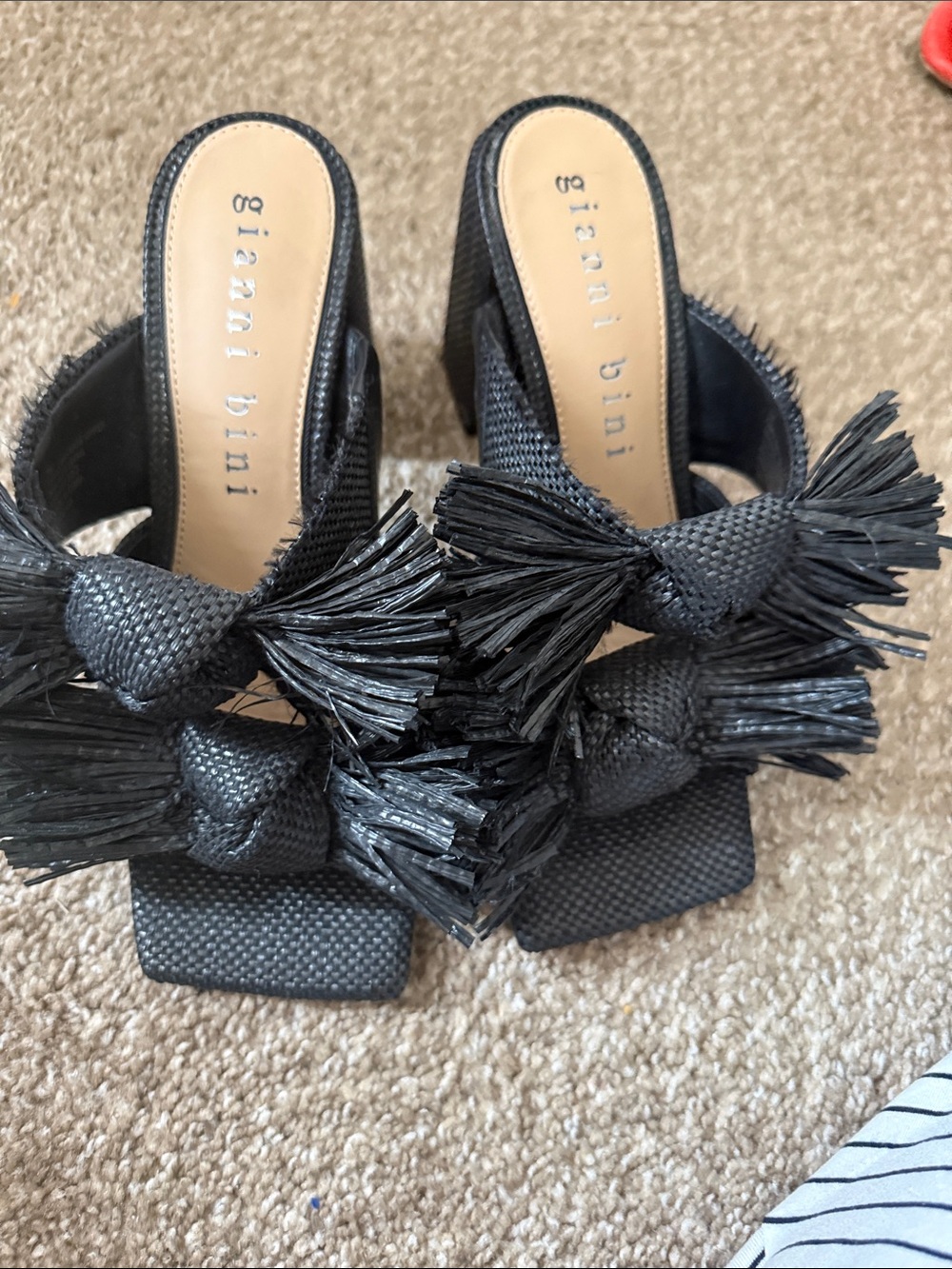 Gianni Bini Black Raffia Knot Slide Heels with Tassel Detail